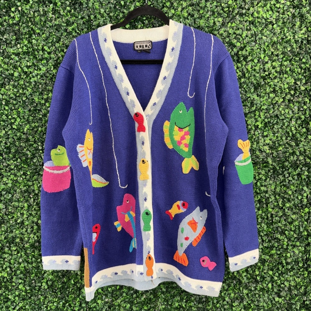 Vintage Berek Children Fishing Fish Theme Novelty Cardigan Sweater Size L
